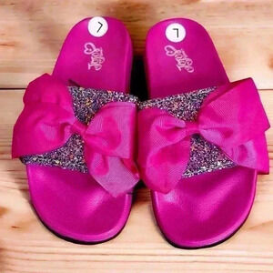 NWT Jojo Siwa Fuchsia Pink Glitter Bow Slide On Sandals Sz L(3)